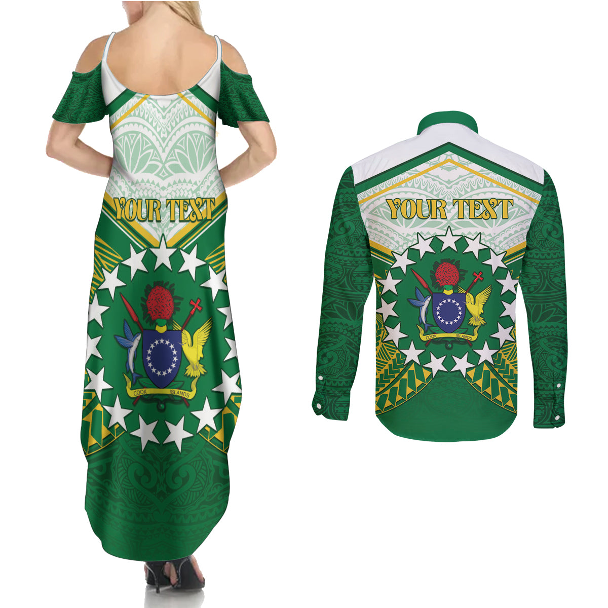 Personalised Cook Islands Ra o te Ui Ariki Couples Matching Summer Maxi Dress and Long Sleeve Button Shirt Polynesian Pattern