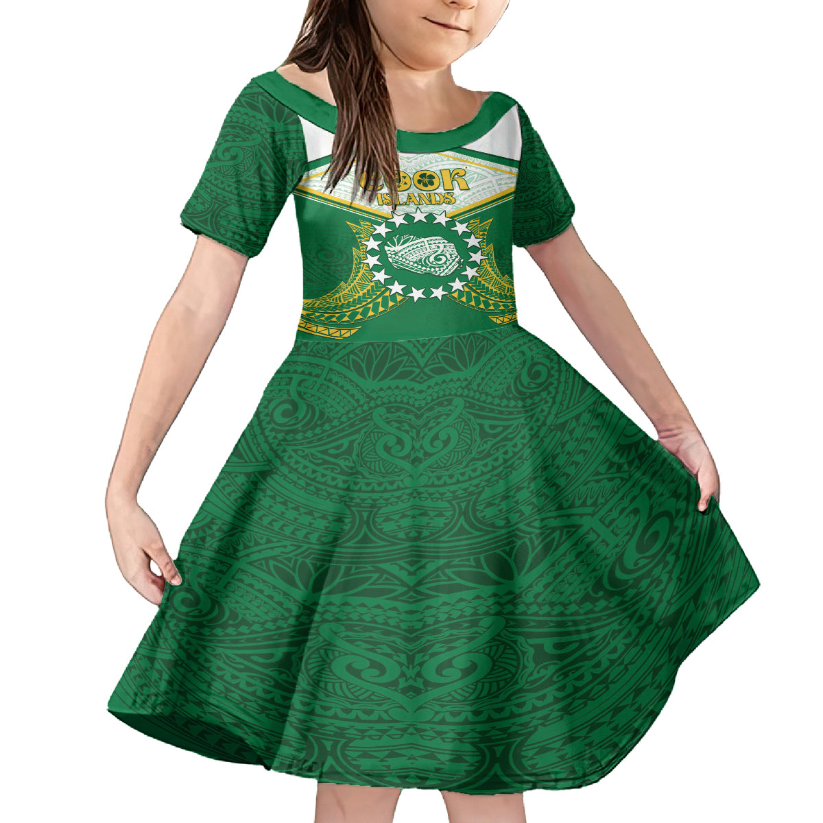 Personalised Cook Islands Ra o te Ui Ariki Family Matching Long Sleeve Bodycon Dress and Hawaiian Shirt Polynesian Pattern LT05 Daughter's Dress Green - Polynesian Pride
