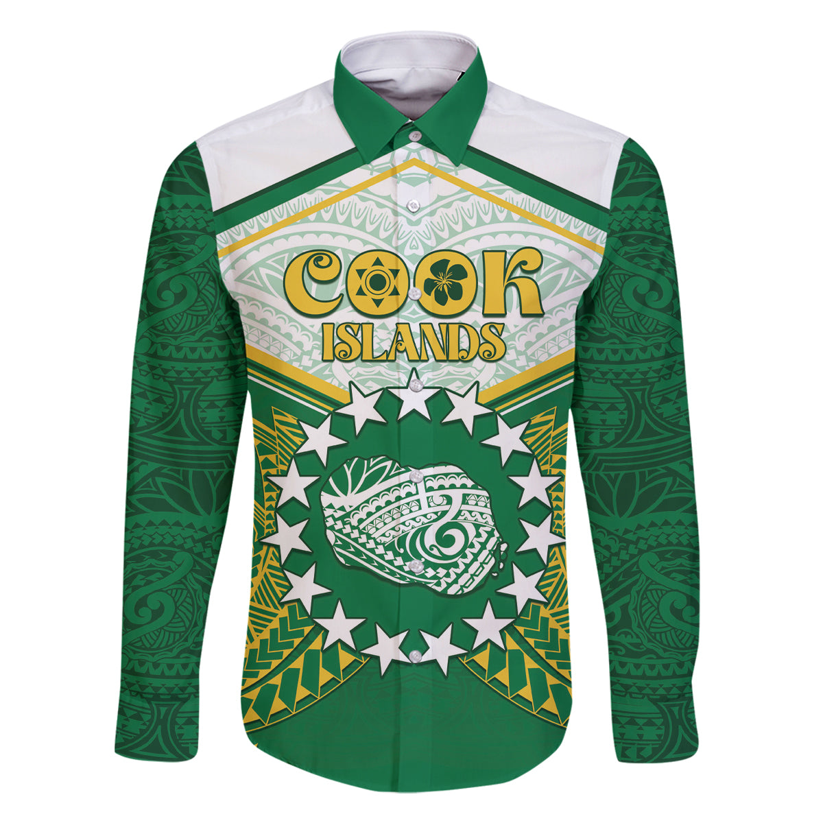 Personalised Cook Islands Ra o te Ui Ariki Family Matching Long Sleeve Bodycon Dress and Hawaiian Shirt Polynesian Pattern LT05 Dad's Shirt - Long Sleeve Green - Polynesian Pride