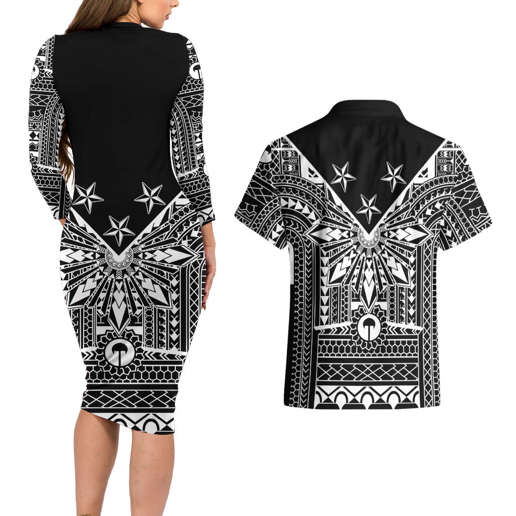 Black Philippines Sun Star Couples Matching Long Sleeve Bodycon Dress and Hawaiian Shirt Igorot Tribal Inspiration LT05 - Polynesian Pride