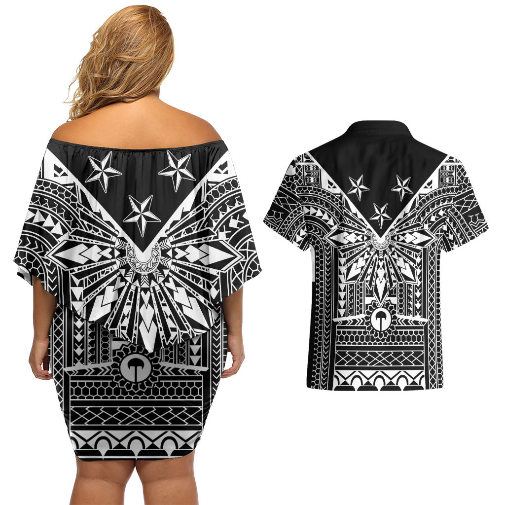 Black Philippines Sun Star Couples Matching Off Shoulder Short Dress and Hawaiian Shirt Igorot Tribal Inspiration LT05 - Polynesian Pride