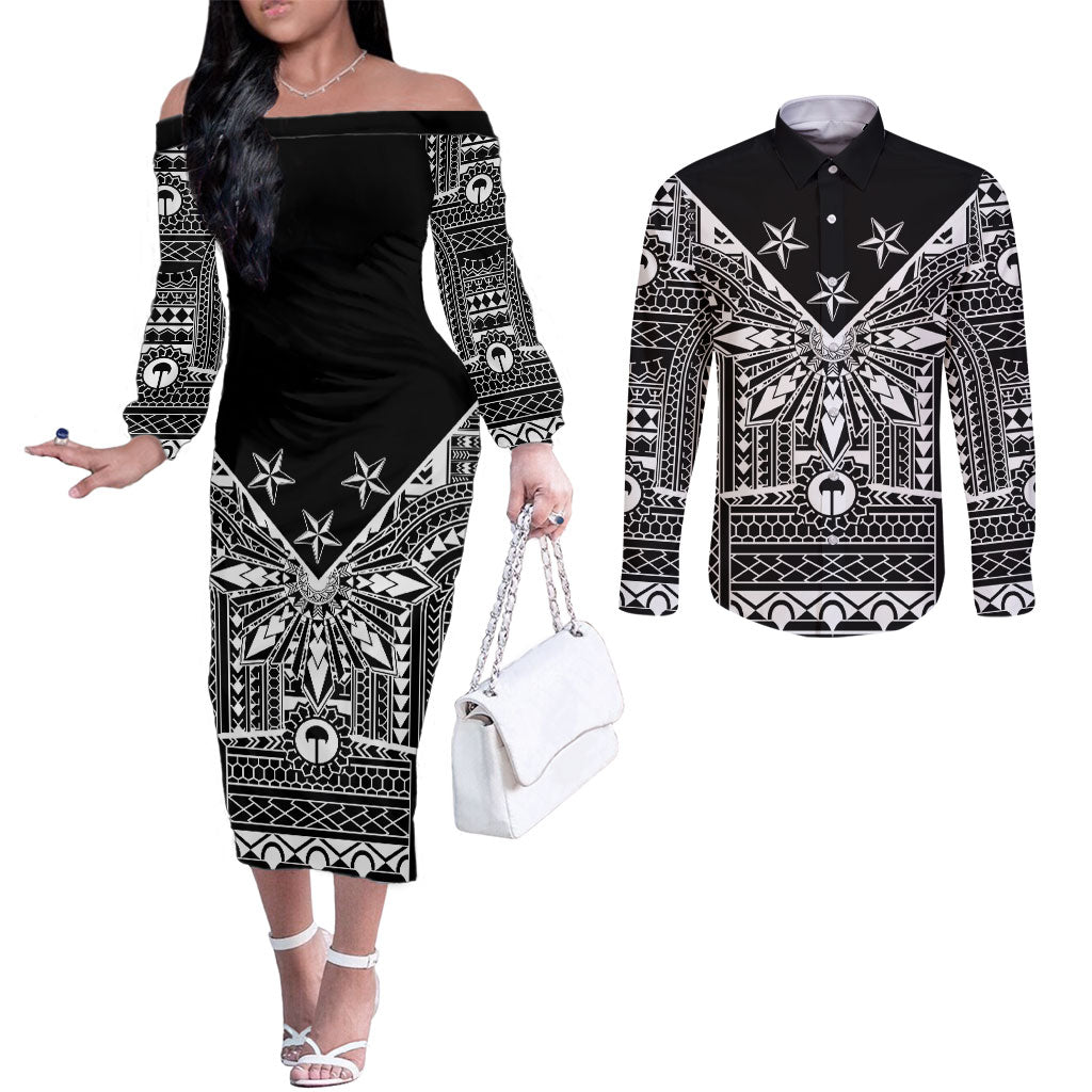 Black Philippines Sun Star Couples Matching Off The Shoulder Long Sleeve Dress and Long Sleeve Button Shirt Igorot Tribal Inspiration
