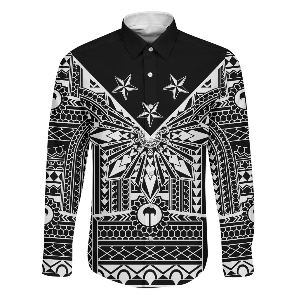 Black Philippines Sun Star Family Matching Mermaid Dress and Hawaiian Shirt Igorot Tribal Inspiration LT05 Dad's Shirt - Long Sleeve Black - Polynesian Pride