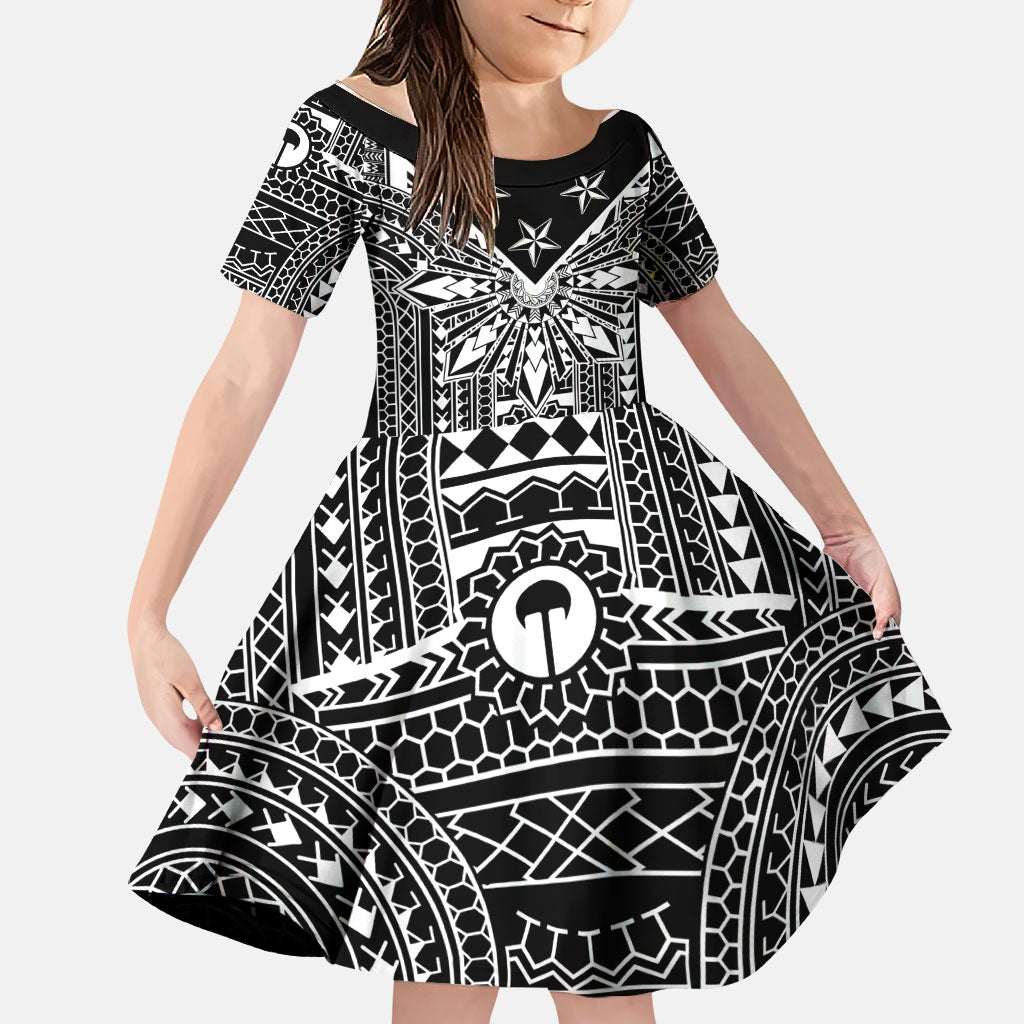 Black Philippines Sun Star Family Matching Off The Shoulder Long Sleeve Dress and Hawaiian Shirt Igorot Tribal Inspiration LT05 Daughter's Dress Black - Polynesian Pride