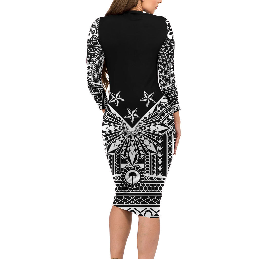 Black Philippines Sun Star Long Sleeve Bodycon Dress Igorot Tribal Inspiration LT05 - Polynesian Pride