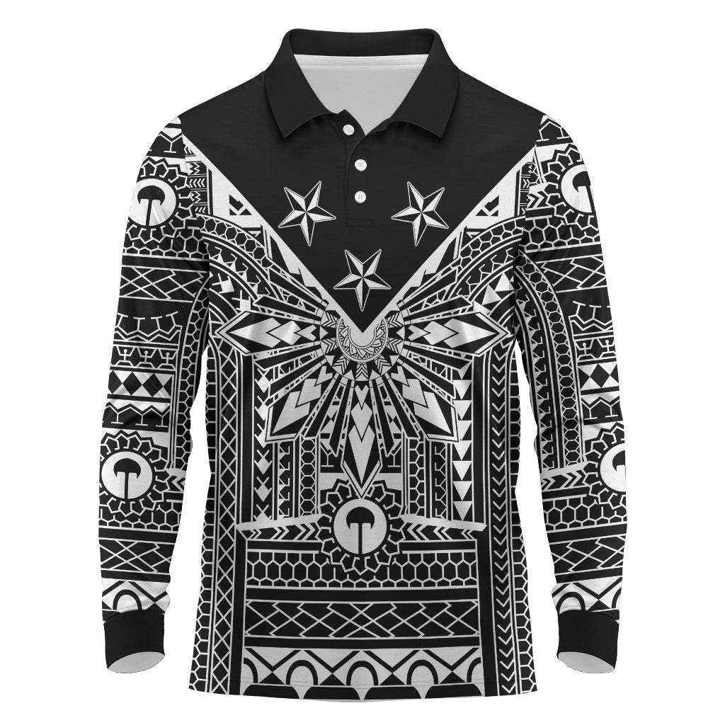 Black Philippines Sun Star Long Sleeve Polo Shirt Igorot Tribal Inspiration LT05 Black - Polynesian Pride