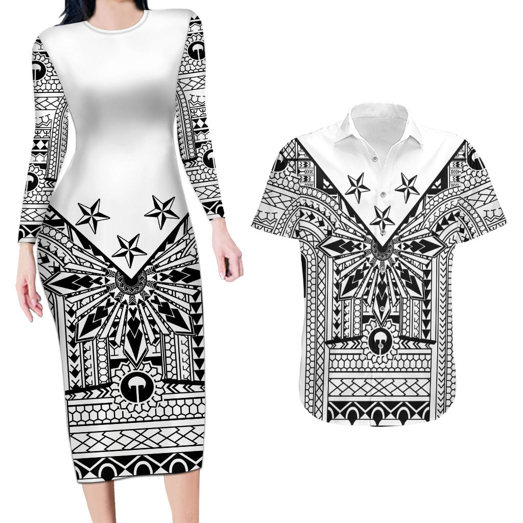 White Philippines Sun Star Couples Matching Long Sleeve Bodycon Dress and Hawaiian Shirt Igorot Tribal Inspiration LT05 White - Polynesian Pride