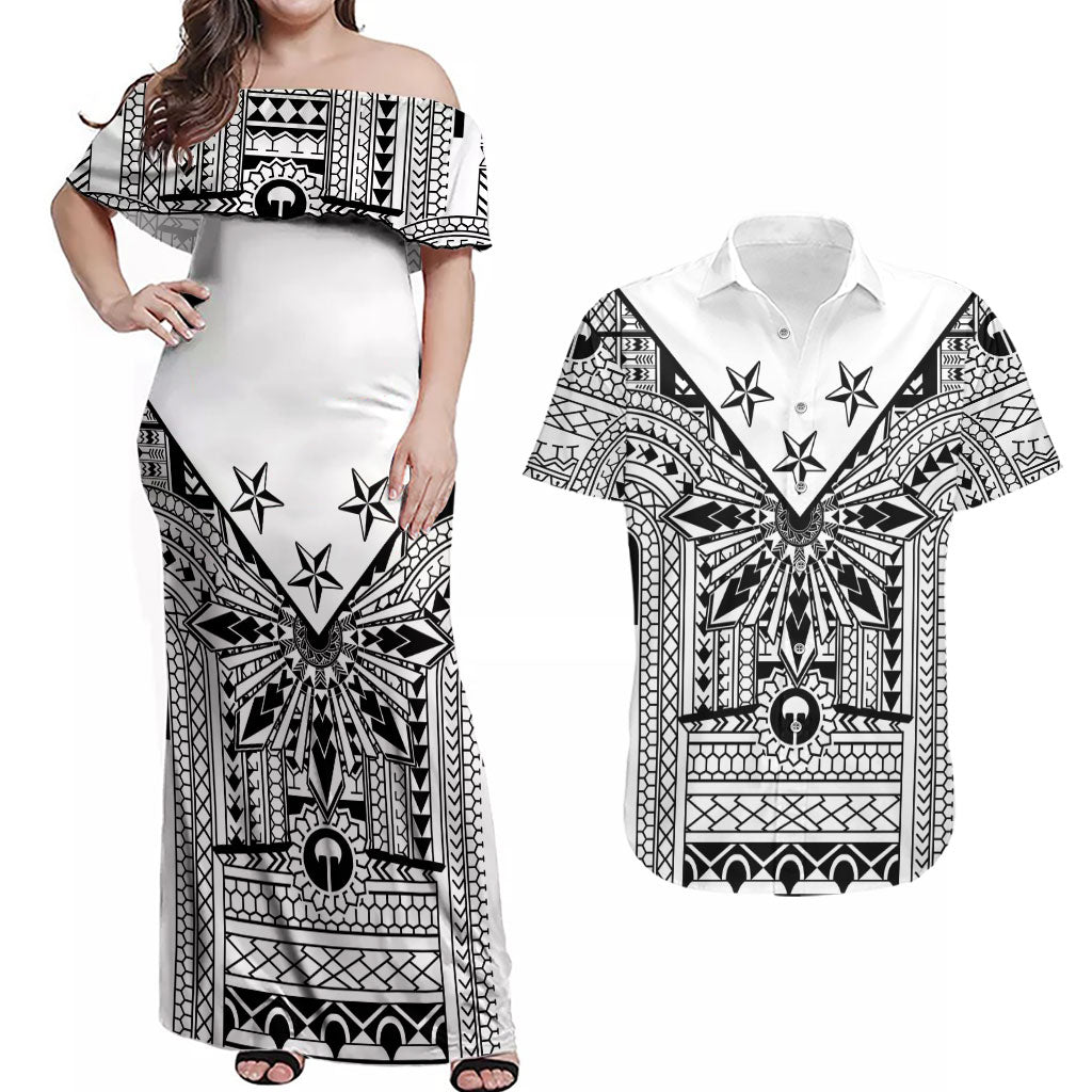 White Philippines Sun Star Couples Matching Off Shoulder Maxi Dress and Hawaiian Shirt Igorot Tribal Inspiration