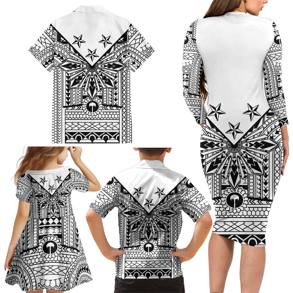 White Philippines Sun Star Family Matching Long Sleeve Bodycon Dress and Hawaiian Shirt Igorot Tribal Inspiration LT05 - Polynesian Pride