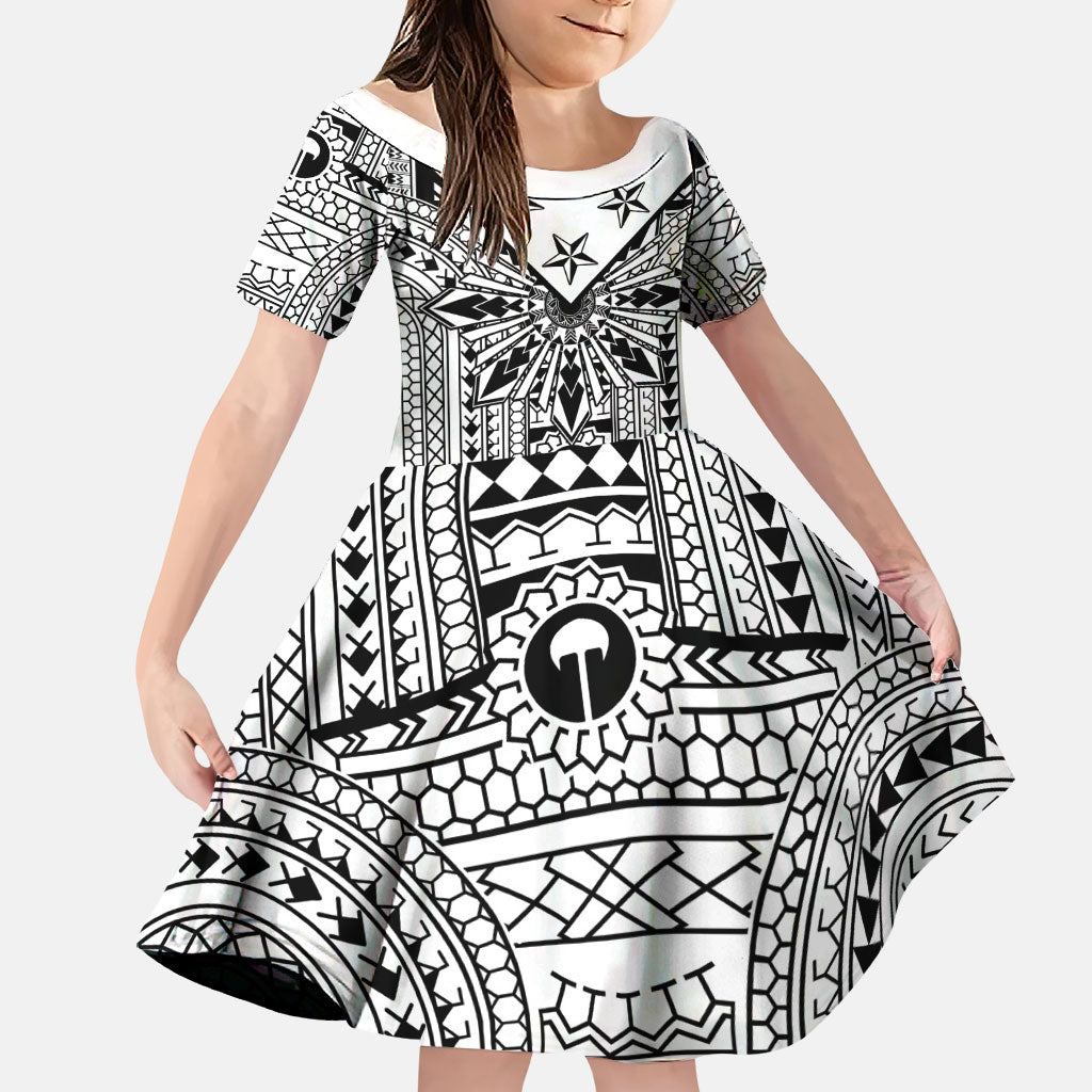 White Philippines Sun Star Family Matching Tank Maxi Dress and Hawaiian Shirt Igorot Tribal Inspiration LT05 Daughter's Dress White - Polynesian Pride
