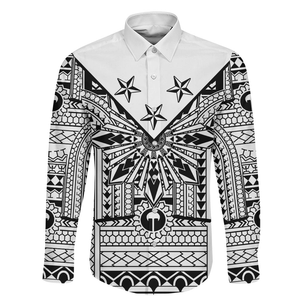White Philippines Sun Star Family Matching Tank Maxi Dress and Hawaiian Shirt Igorot Tribal Inspiration LT05 Dad's Shirt - Long Sleeve White - Polynesian Pride