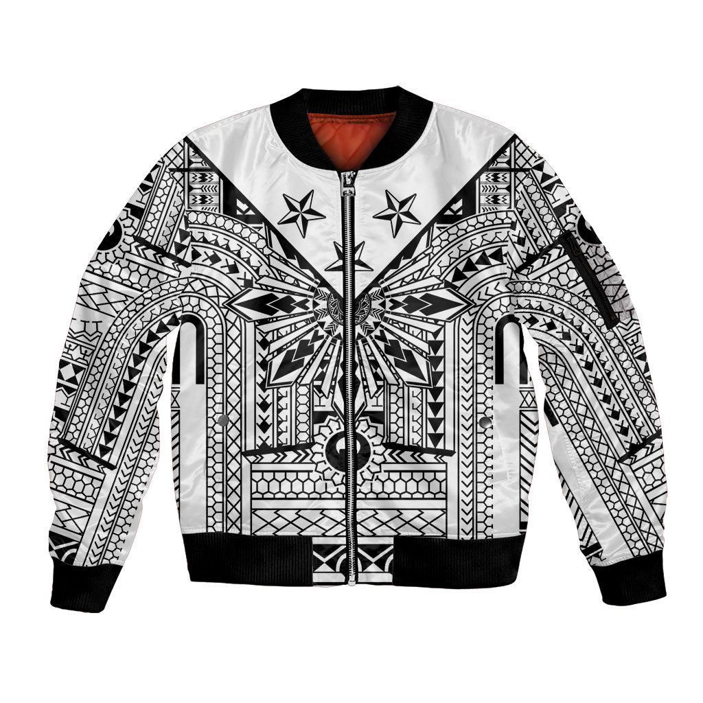 White Philippines Sun Star Sleeve Zip Bomber Jacket Igorot Tribal Inspiration LT05 Unisex White - Polynesian Pride