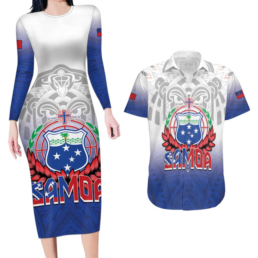 Custom Samoa Rugby 2024 Pacific Couples Matching Long Sleeve Bodycon Dress and Hawaiian Shirt Go Manu Samoa LT05 Blue - Polynesian Pride