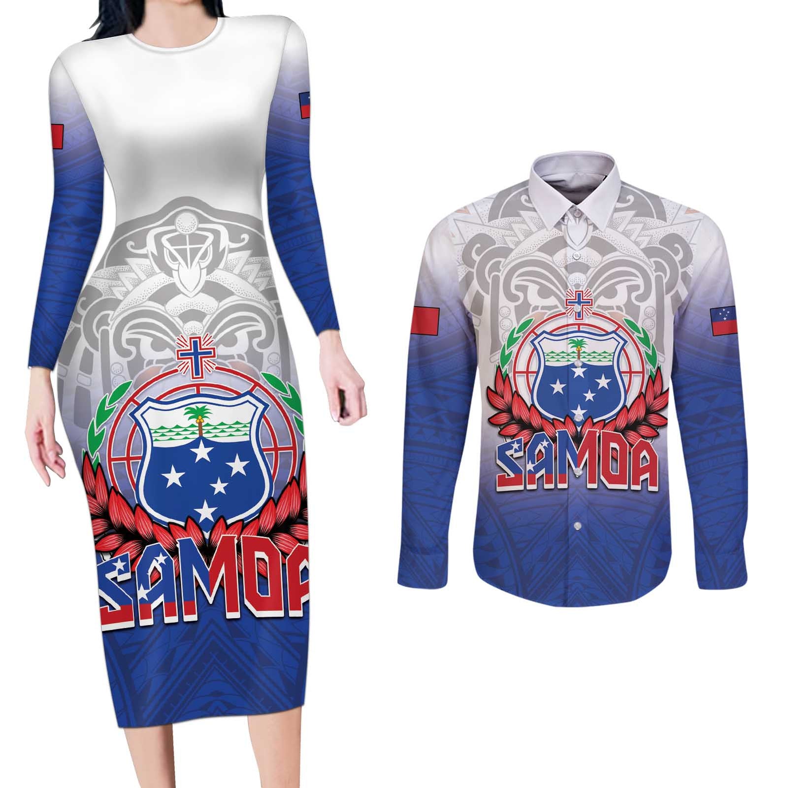 Custom Samoa Rugby 2024 Pacific Couples Matching Long Sleeve Bodycon Dress and Long Sleeve Button Shirt Go Manu Samoa LT05 Blue - Polynesian Pride