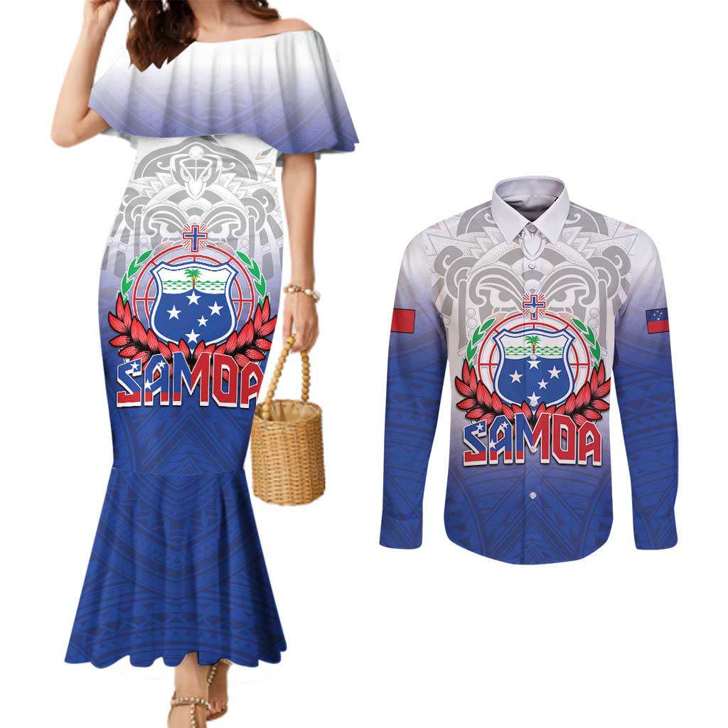 Custom Samoa Rugby 2024 Pacific Couples Matching Mermaid Dress and Long Sleeve Button Shirt Go Manu Samoa LT05 Blue - Polynesian Pride