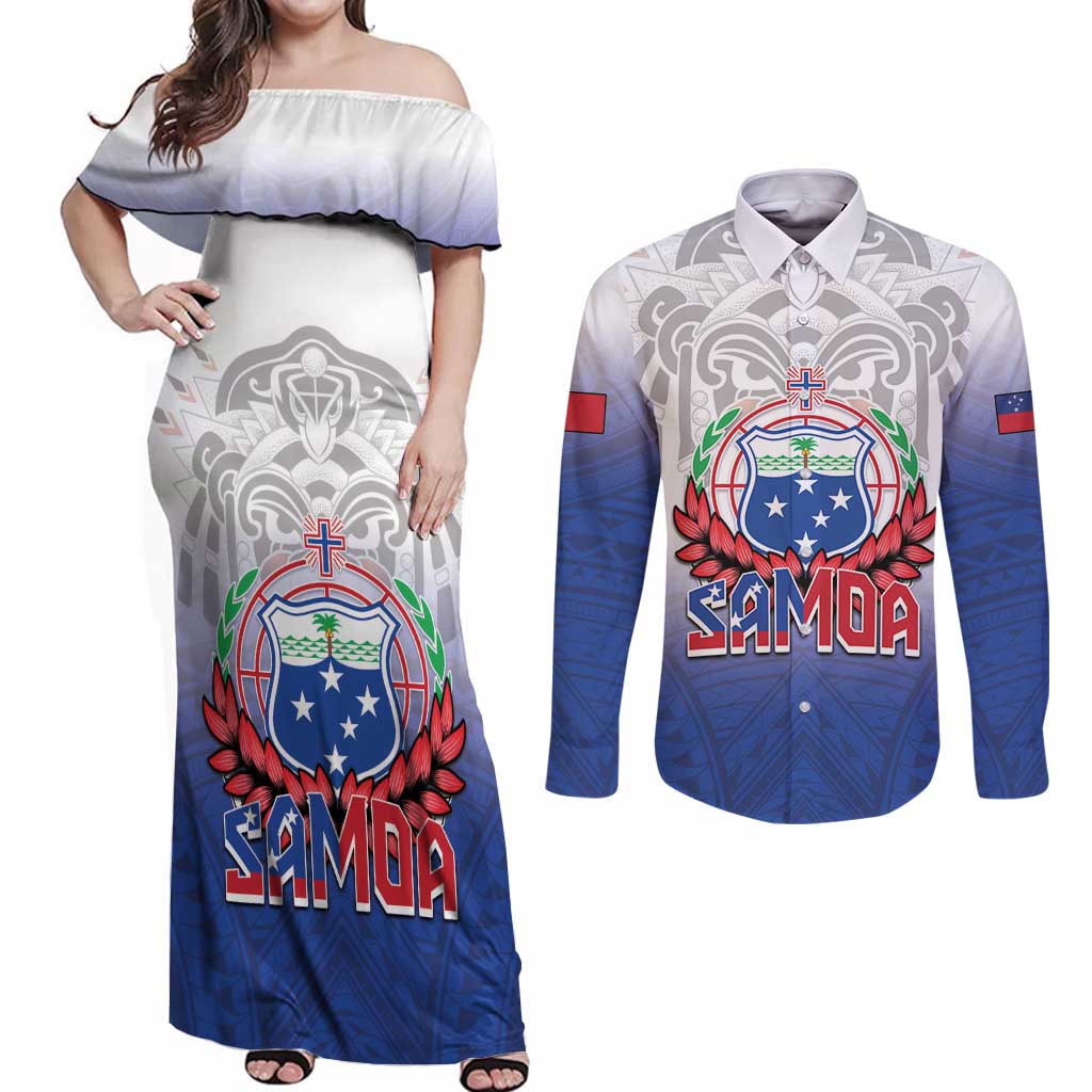 Custom Samoa Rugby 2024 Pacific Couples Matching Off Shoulder Maxi Dress and Long Sleeve Button Shirt Go Manu Samoa LT05 Blue - Polynesian Pride