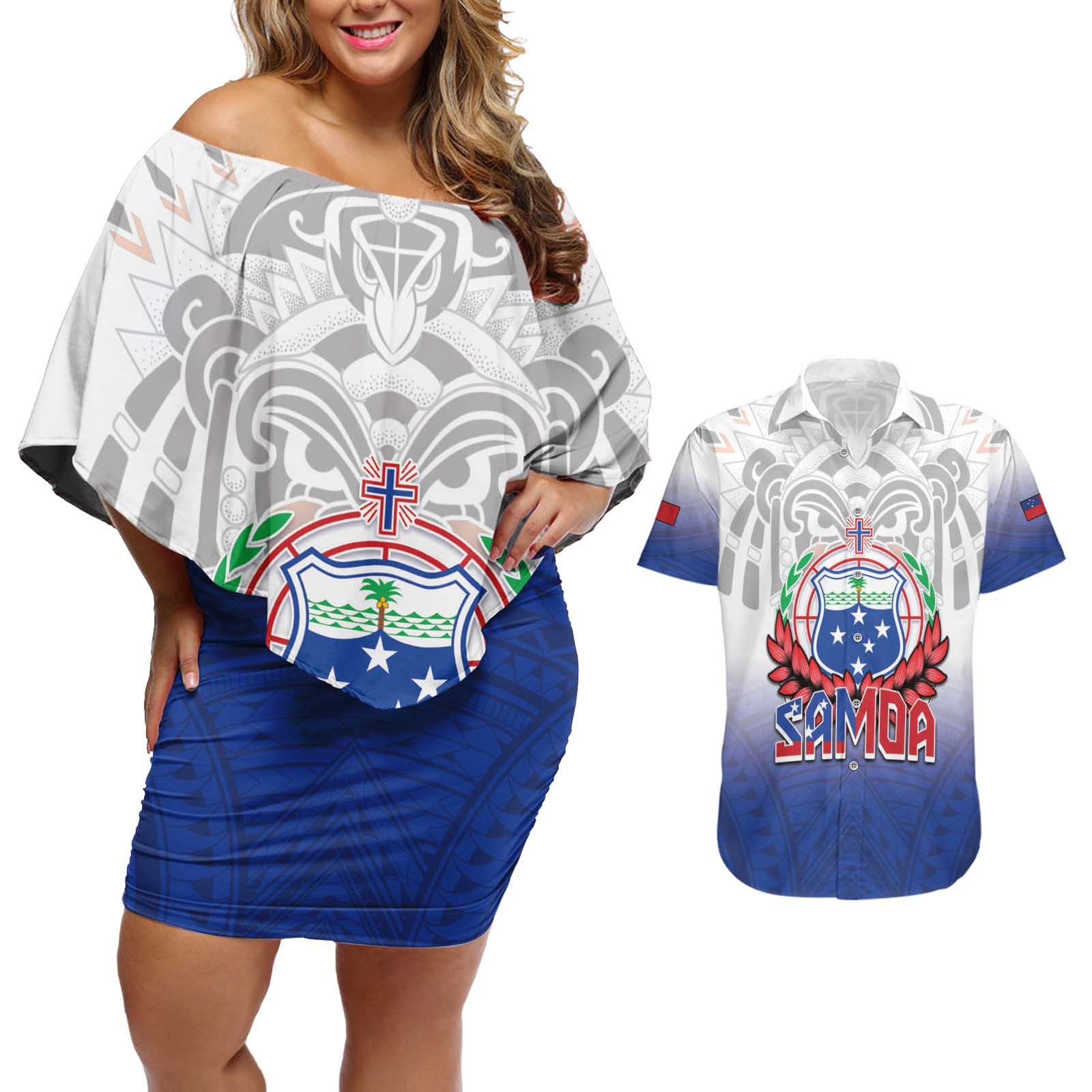 Custom Samoa Rugby 2024 Pacific Couples Matching Off Shoulder Short Dress and Hawaiian Shirt Go Manu Samoa LT05 Blue - Polynesian Pride