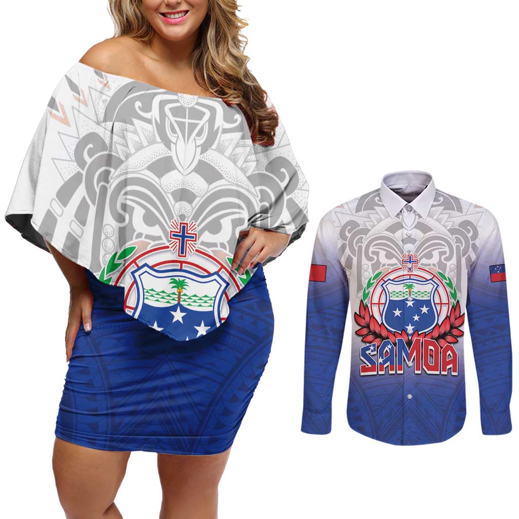 Custom Samoa Rugby 2024 Pacific Couples Matching Off Shoulder Short Dress and Long Sleeve Button Shirt Go Manu Samoa LT05 Blue - Polynesian Pride