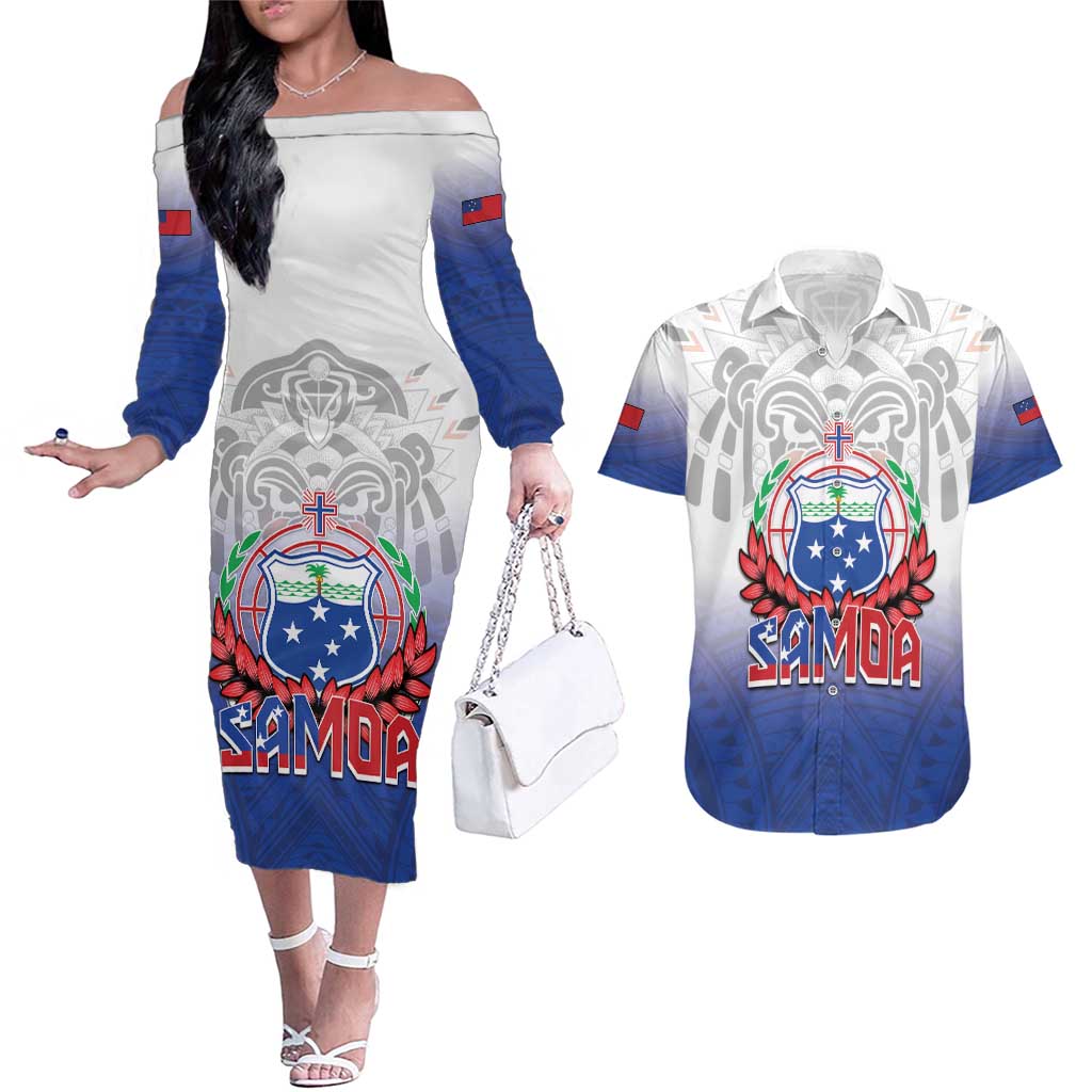 Custom Samoa Rugby 2024 Pacific Couples Matching Off The Shoulder Long Sleeve Dress and Hawaiian Shirt Go Manu Samoa LT05 Blue - Polynesian Pride