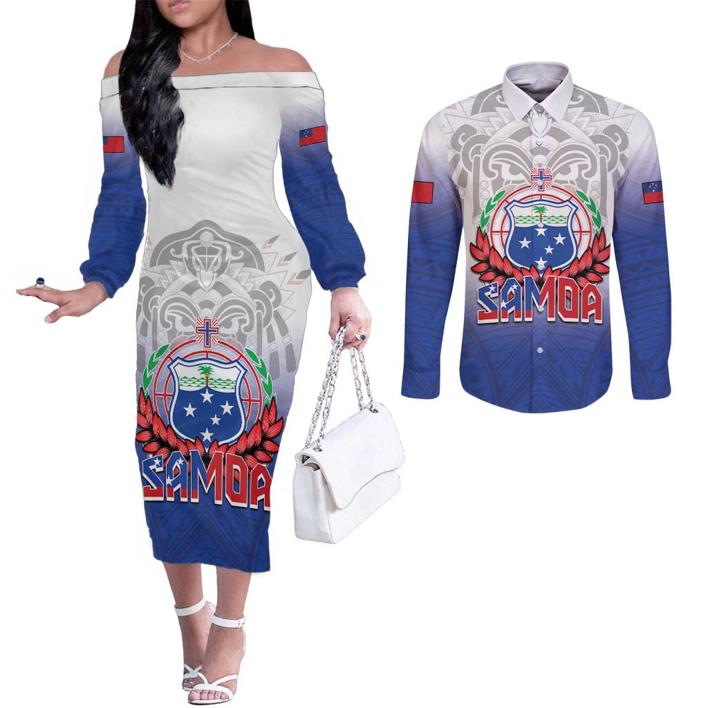 Custom Samoa Rugby 2024 Pacific Couples Matching Off The Shoulder Long Sleeve Dress and Long Sleeve Button Shirt Go Manu Samoa LT05 Blue - Polynesian Pride