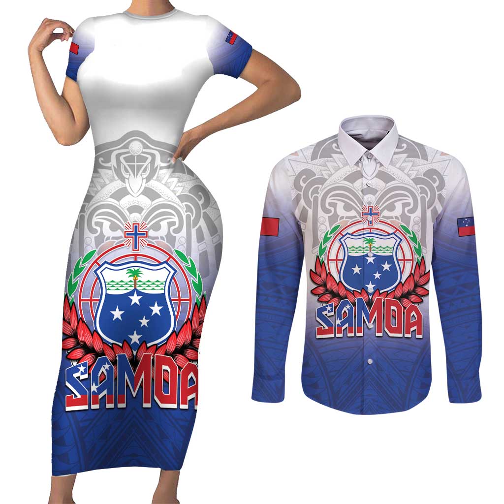 Custom Samoa Rugby 2024 Pacific Couples Matching Short Sleeve Bodycon Dress and Long Sleeve Button Shirt Go Manu Samoa LT05 Blue - Polynesian Pride