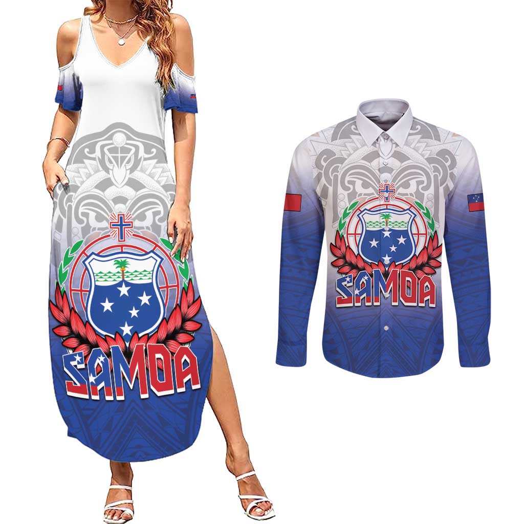 Custom Samoa Rugby 2024 Pacific Couples Matching Summer Maxi Dress and Long Sleeve Button Shirt Go Manu Samoa LT05 Blue - Polynesian Pride