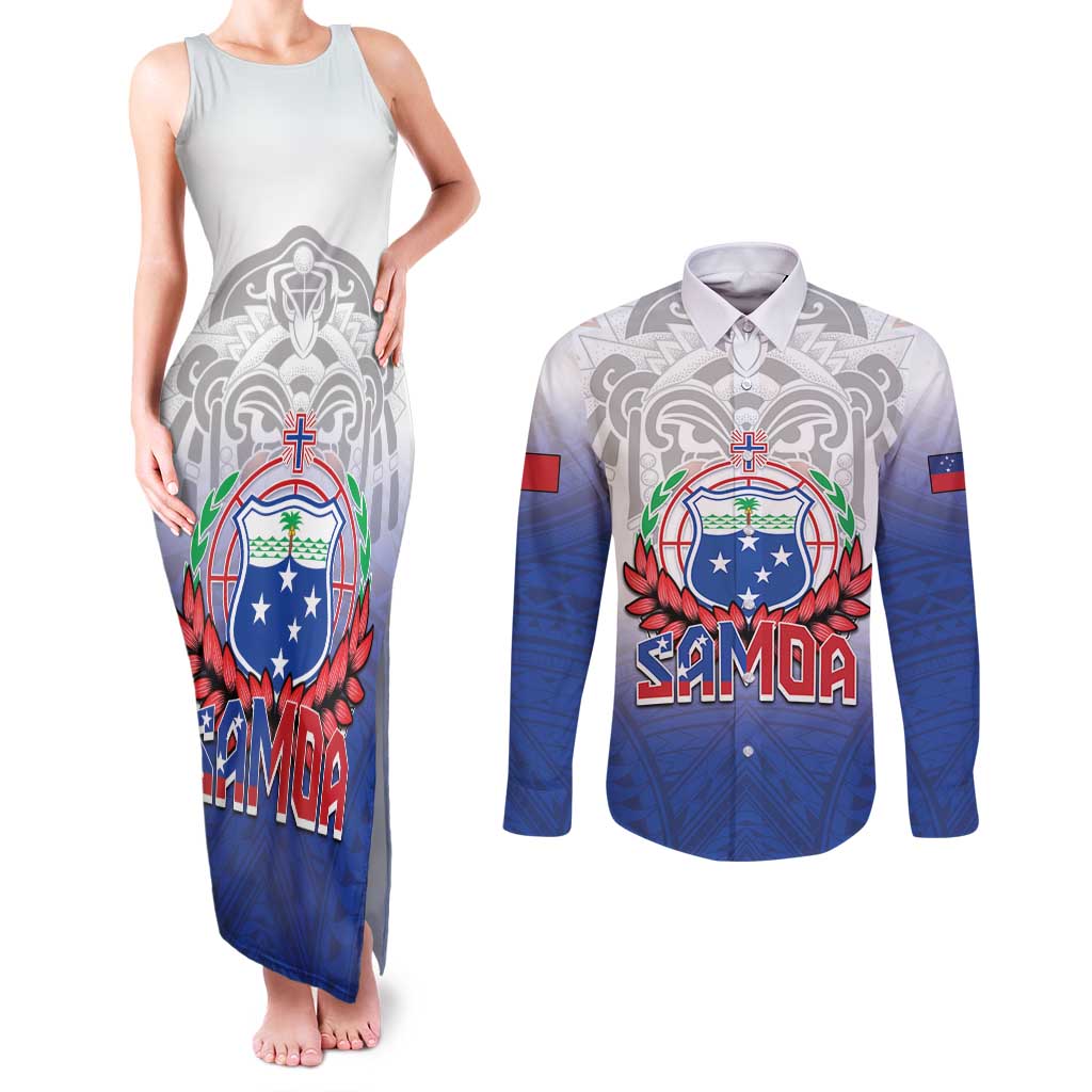 Custom Samoa Rugby 2024 Pacific Couples Matching Tank Maxi Dress and Long Sleeve Button Shirt Go Manu Samoa LT05 Blue - Polynesian Pride