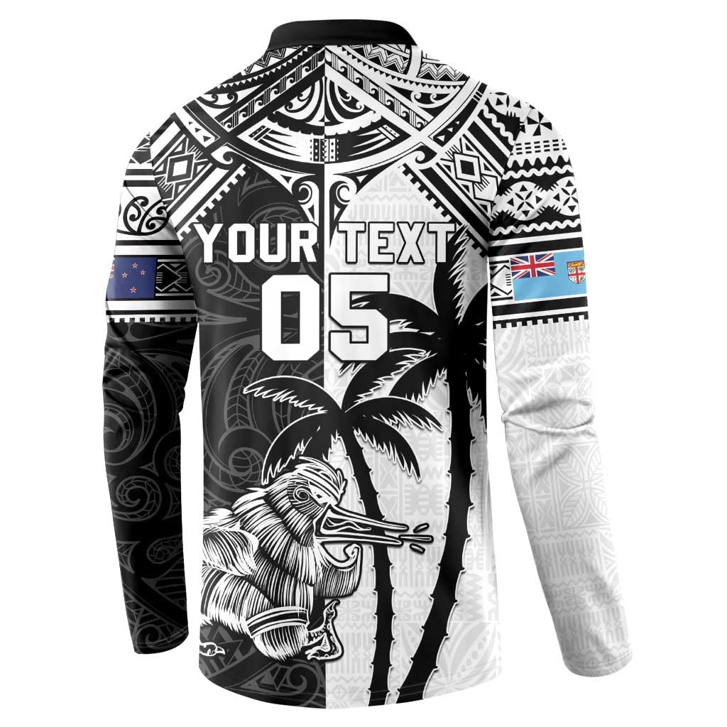 Custom New Zealand And Fiji Rugby 2024 Button Sweatshirt Maori Kiwi With Fijian Palm Tree