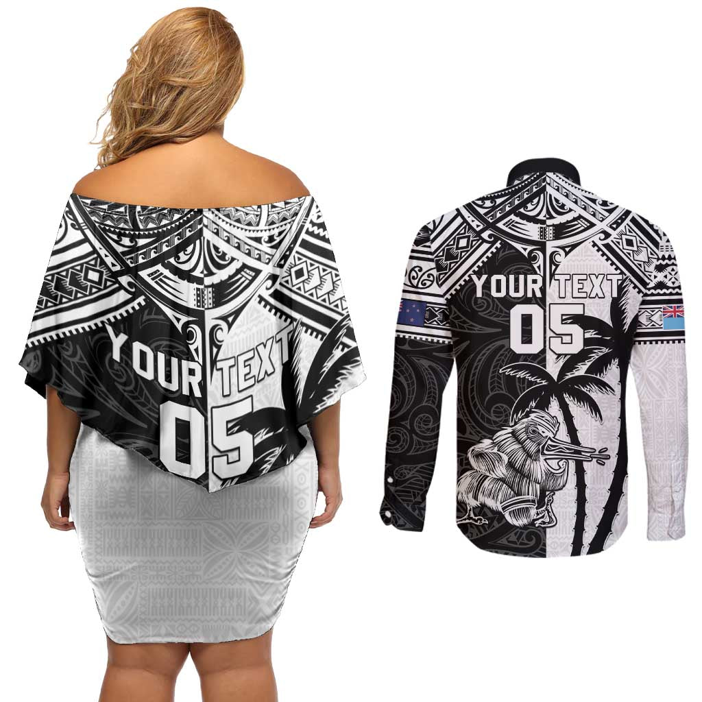Custom New Zealand And Fiji Rugby 2024 Couples Matching Off Shoulder Short Dress and Long Sleeve Button Shirt Maori Kiwi With Fijian Palm Tree