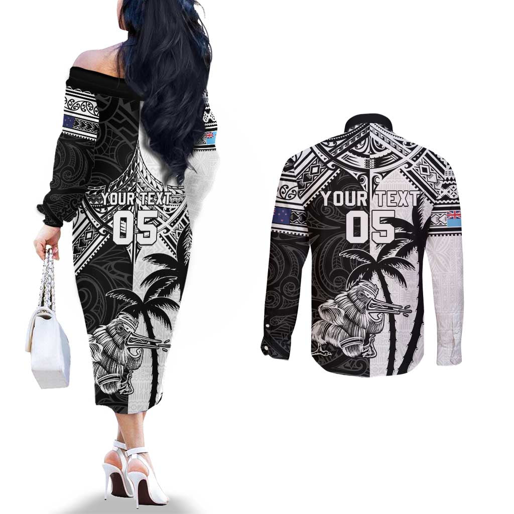 Custom New Zealand And Fiji Rugby 2024 Couples Matching Off The Shoulder Long Sleeve Dress and Long Sleeve Button Shirt Maori Kiwi With Fijian Palm Tree