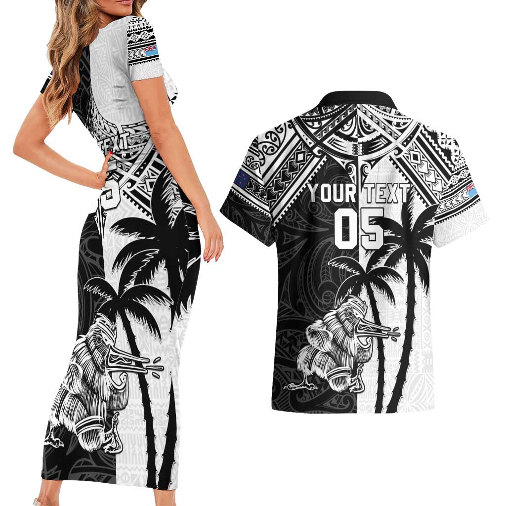 Custom New Zealand And Fiji Rugby 2024 Couples Matching Short Sleeve Bodycon Dress and Hawaiian Shirt Maori Kiwi With Fijian Palm Tree
