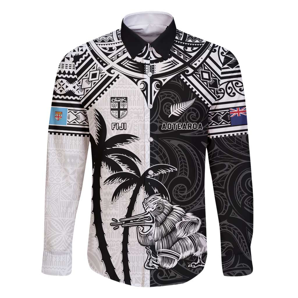 Custom New Zealand And Fiji Rugby 2024 Family Matching Mermaid Dress and Hawaiian Shirt Maori Kiwi With Fijian Palm Tree LT05 Dad's Shirt - Long Sleeve Black - Polynesian Pride