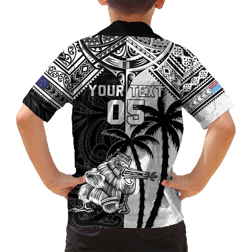 Custom New Zealand And Fiji Rugby 2024 Family Matching Short Sleeve Bodycon Dress and Hawaiian Shirt Maori Kiwi With Fijian Palm Tree LT05 - Polynesian Pride