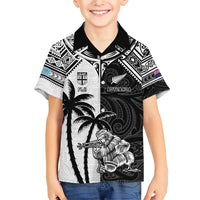 Custom New Zealand And Fiji Rugby 2024 Family Matching Short Sleeve Bodycon Dress and Hawaiian Shirt Maori Kiwi With Fijian Palm Tree LT05 Son's Shirt Black - Polynesian Pride
