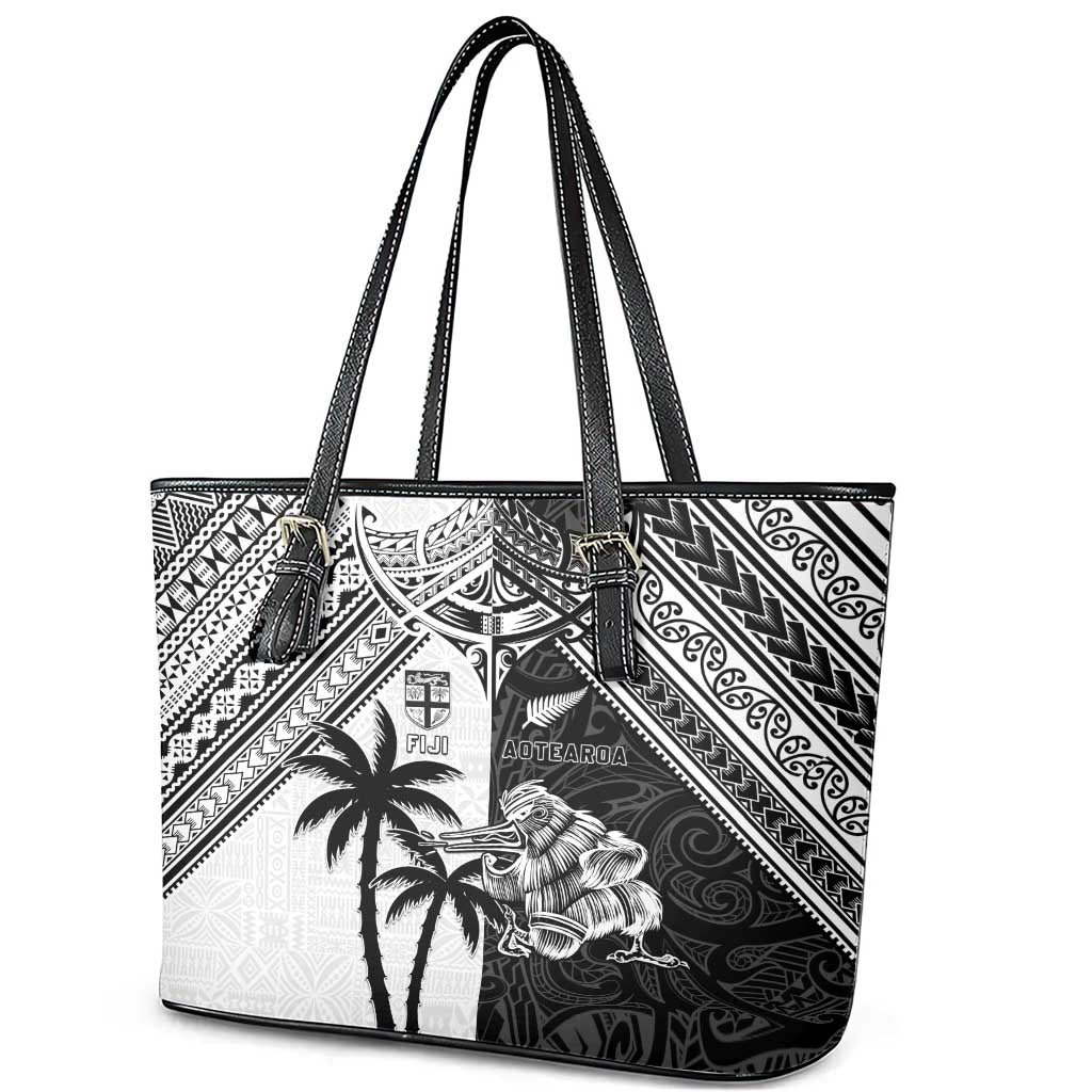 New Zealand And Fiji Rugby 2024 Leather Tote Bag Maori Kiwi With Fijian Palm Tree