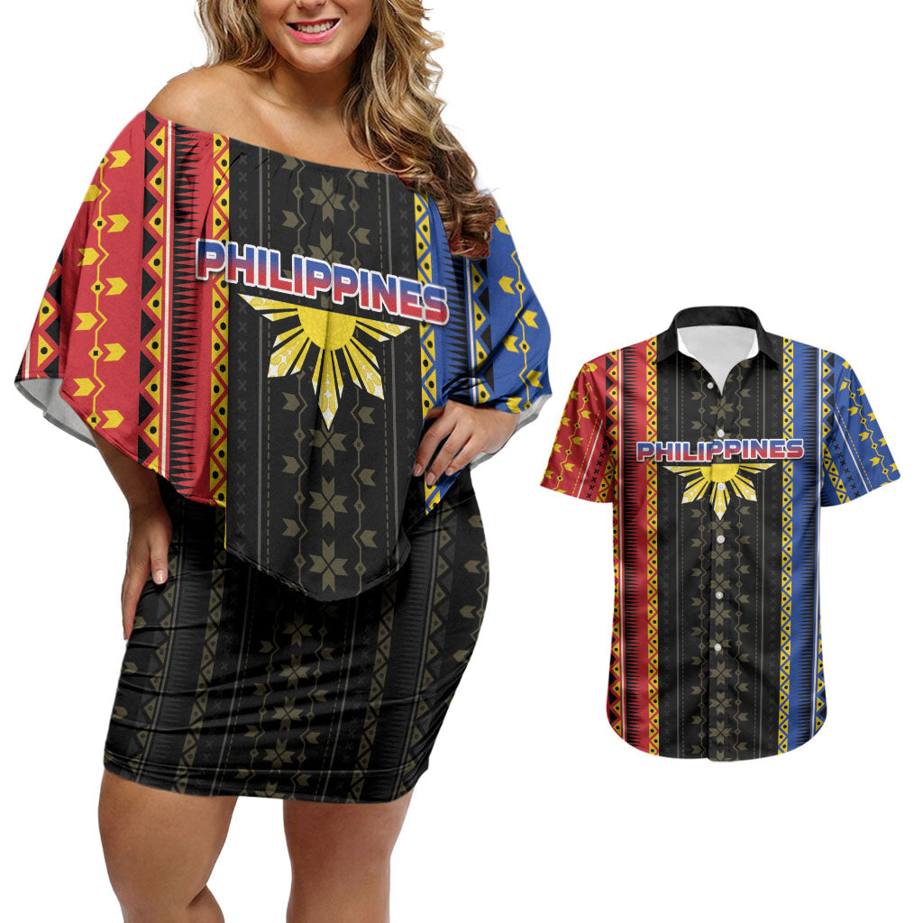 Personalised Philippines Filipinos Couples Matching Off Shoulder Short Dress and Hawaiian Shirt Igorot Tribal Inspiration Pattern Style LT05 Black - Polynesian Pride