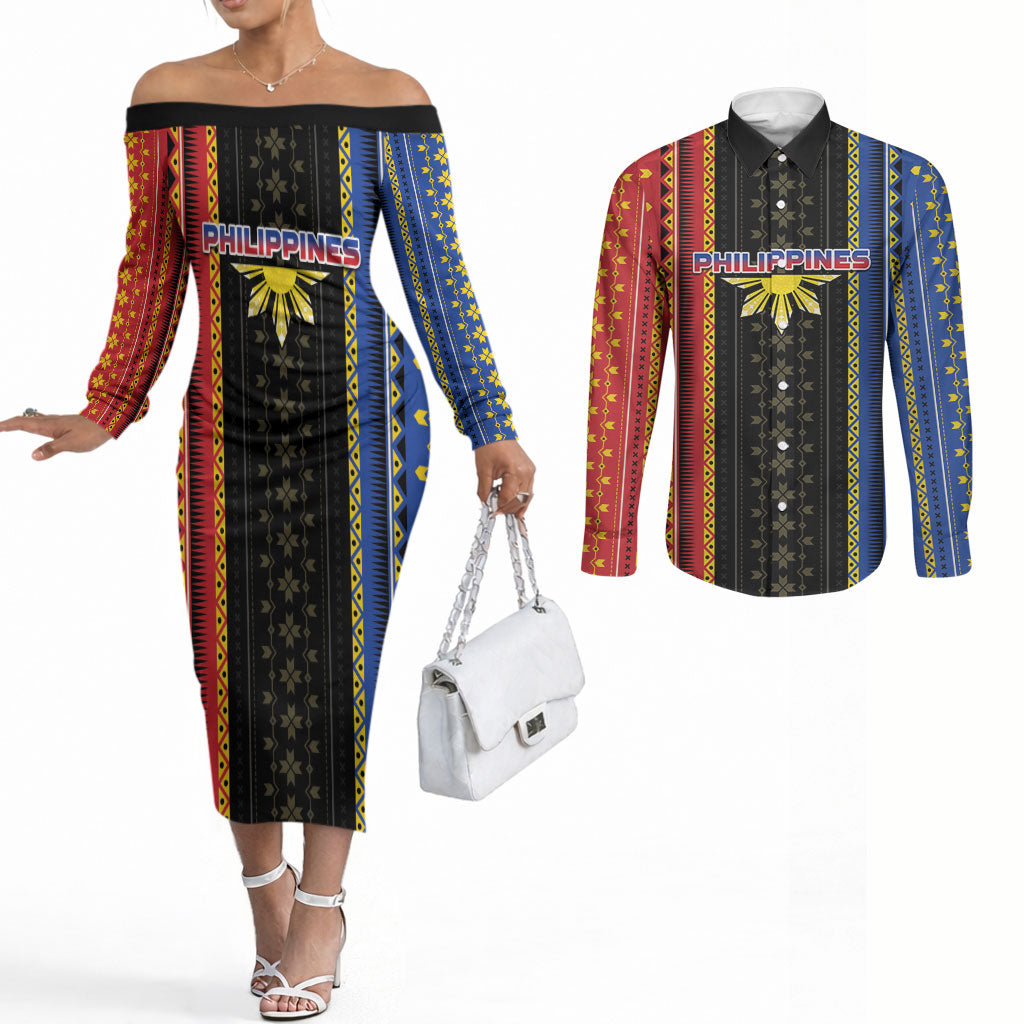 Personalised Philippines Filipinos Couples Matching Off The Shoulder Long Sleeve Dress and Long Sleeve Button Shirt Igorot Tribal Inspiration Pattern Style