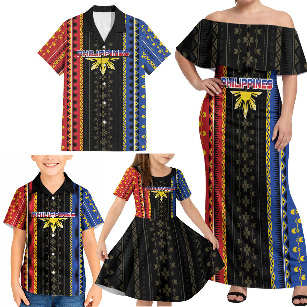 Personalised Philippines Filipinos Family Matching Off Shoulder Maxi Dress and Hawaiian Shirt Igorot Tribal Inspiration Pattern Style LT05 - Polynesian Pride