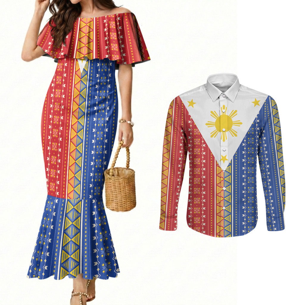 Philippines Sun Couples Matching Mermaid Dress and Long Sleeve Button Shirt Igorot Tribal Inspiration