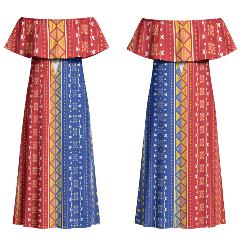 Philippines Sun Couples Matching Off Shoulder Maxi Dress and Long Sleeve Button Shirt Igorot Tribal Inspiration