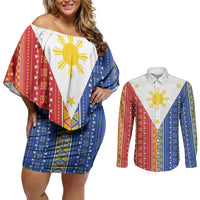 Philippines Sun Couples Matching Off Shoulder Short Dress and Long Sleeve Button Shirt Igorot Tribal Inspiration