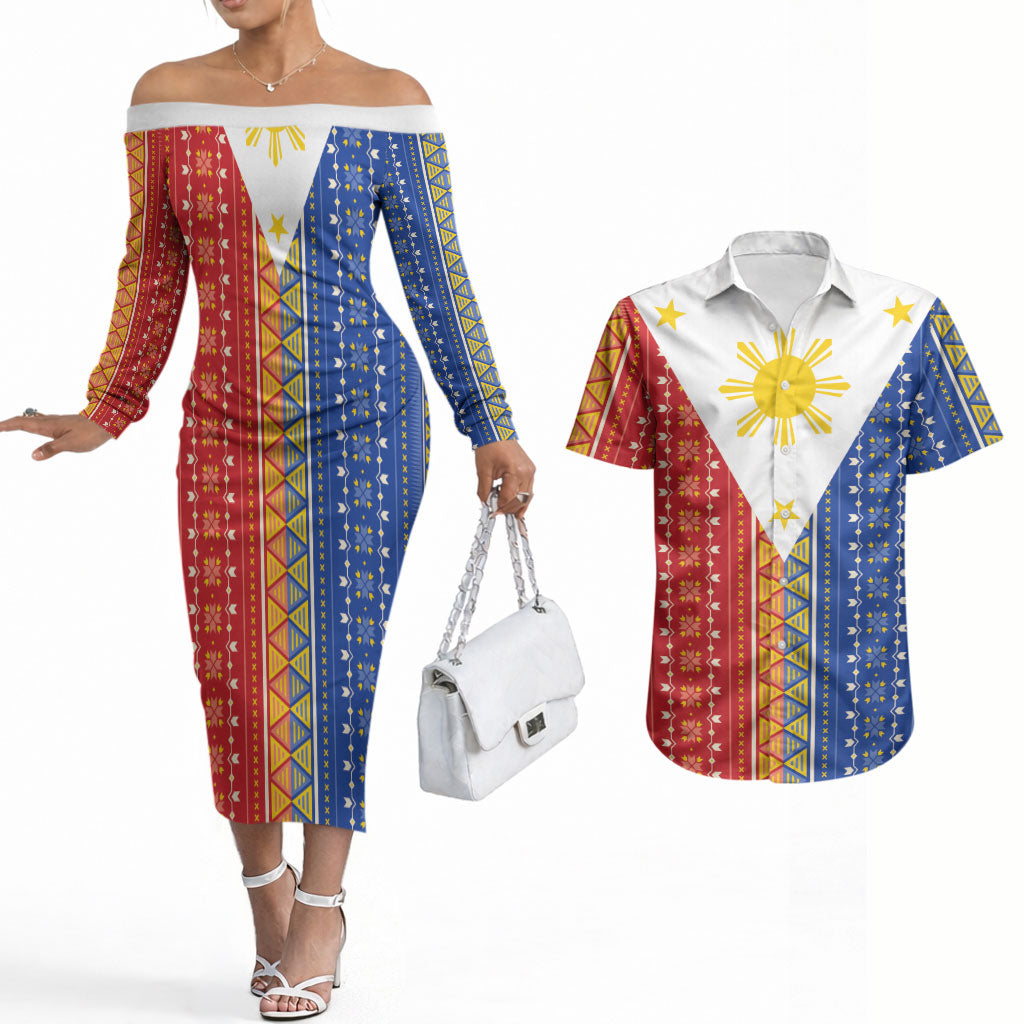 Philippines Sun Couples Matching Off The Shoulder Long Sleeve Dress and Hawaiian Shirt Igorot Tribal Inspiration