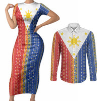 Philippines Sun Couples Matching Short Sleeve Bodycon Dress and Long Sleeve Button Shirt Igorot Tribal Inspiration