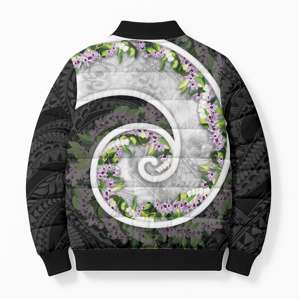 Piko Hawaii Bomber Puffer Jacket Polynesian Pattern With Maile Pikake Honohono Lei