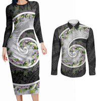 Piko Hawaii Couples Matching Long Sleeve Bodycon Dress and Long Sleeve Button Shirt Polynesian Pattern With Maile Pikake Honohono Lei