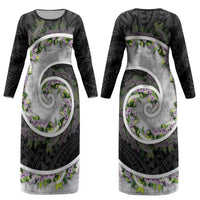 Piko Hawaii Couples Matching Long Sleeve Bodycon Dress and Long Sleeve Button Shirt Polynesian Pattern With Maile Pikake Honohono Lei