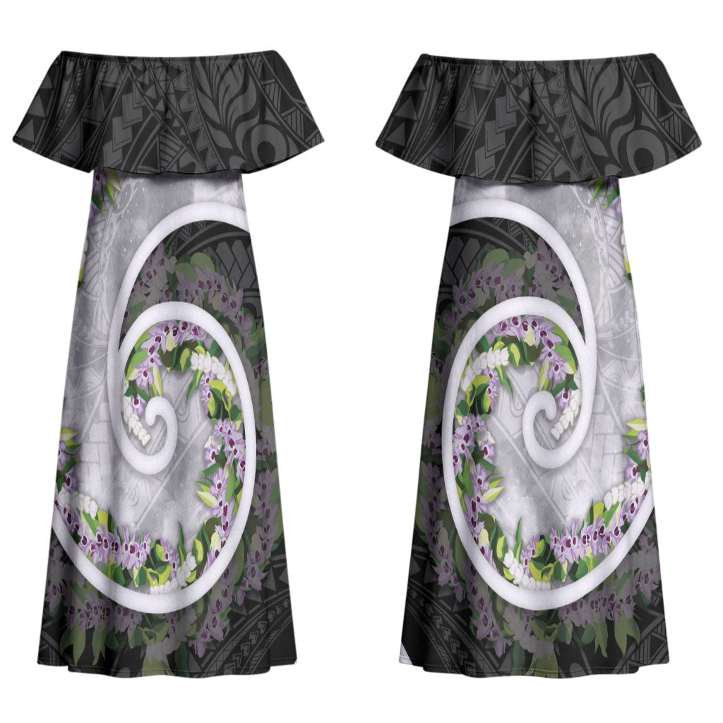 Piko Hawaii Couples Matching Off Shoulder Maxi Dress and Long Sleeve Button Shirt Polynesian Pattern With Maile Pikake Honohono Lei
