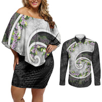 Piko Hawaii Couples Matching Off Shoulder Short Dress and Long Sleeve Button Shirt Polynesian Pattern With Maile Pikake Honohono Lei