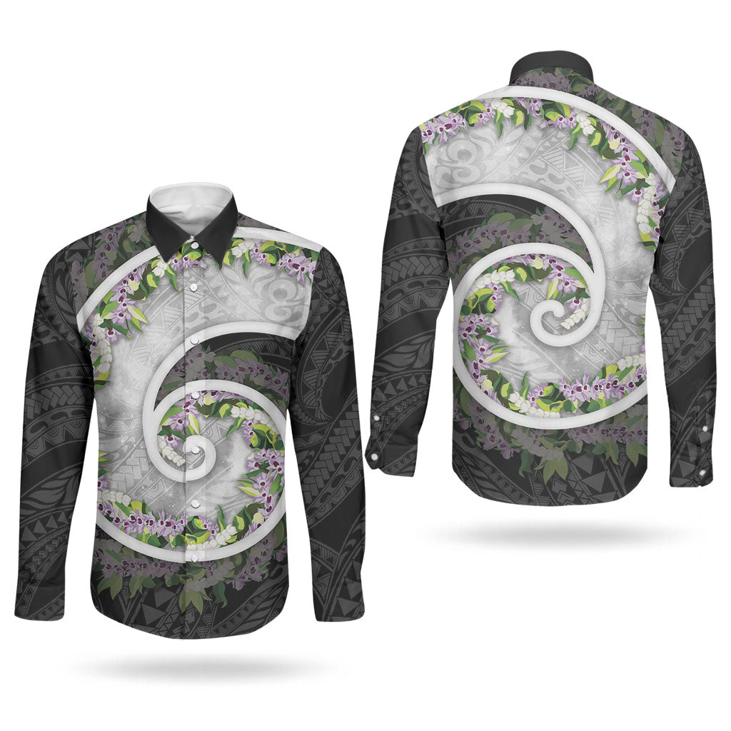 Piko Hawaii Couples Matching Off Shoulder Short Dress and Long Sleeve Button Shirt Polynesian Pattern With Maile Pikake Honohono Lei