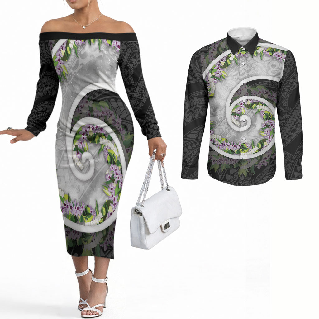 Piko Hawaii Couples Matching Off The Shoulder Long Sleeve Dress and Long Sleeve Button Shirt Polynesian Pattern With Maile Pikake Honohono Lei